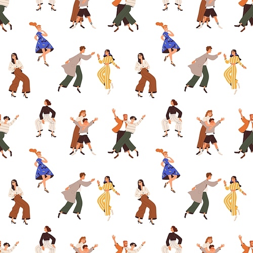 Happy people pattern. Seamless background with active delighted characters dancing with fun, joy at party. Endless repeating  with funny joyful men, women. Colored flat vector illustration.