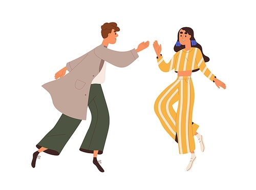 Happy couple dancing with fun, joy, energy. Young man, woman rejoicing, moving. Excited joyful people, modern girl and guy dancers in movement. Flat vector illustration isolated on white .