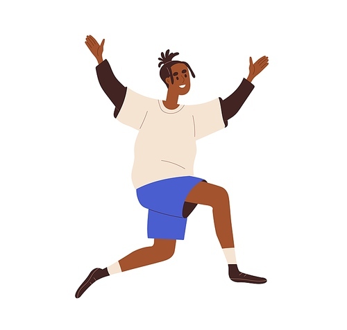 Happy excited black man smiling, rejoicing, running with joy, exulting. Joyful delighted guy with positive emotion. Cheerful joyous person. Flat vector illustration isolated on white .