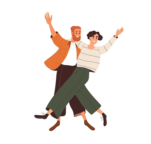 Happy couple of young excited man and woman dancing, hugging, rejoicing. Fun and joy of positive energetic people, modern smiling girl and guy. Flat vector illustration isolated on white .