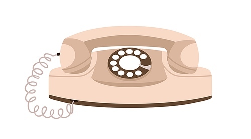 Retro telephone with rotary disk. Old princess phone of 50s. History desk set with headset receiver and disc. Historical obsolete device. Flat graphic vector illustration isolated on white .