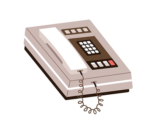 Retro touch tone phone with keypad. Push button telephone with keys, headset of 1975 type. History communication device, 70s and 80s tel. Flat vector illustration isolated on white .