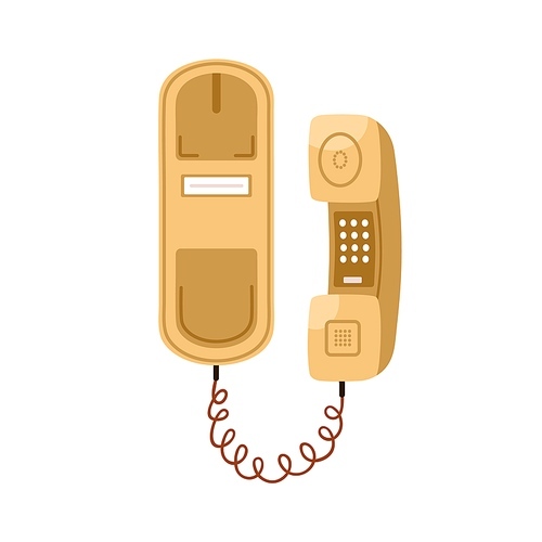 Retro push button telephone with keypad on headset. Old 70s, 80s touch tone phone model with keys on receiver. History device of 1968 type. Flat vector illustration isolated on white .