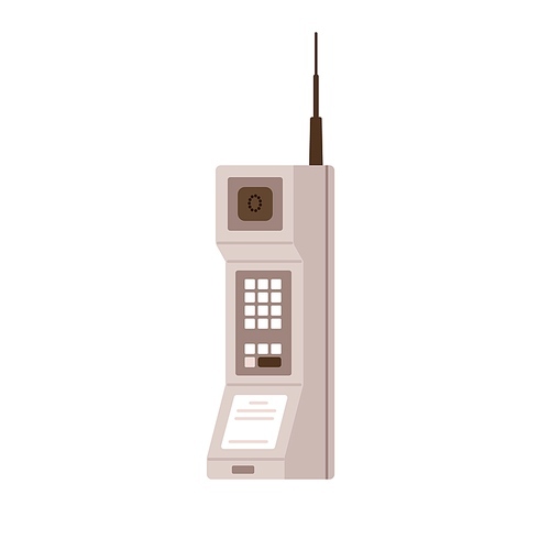 Old cell phone with antenna. First portable mobile telephone of 1973. Retro wireless big cellphone of 70s, 80s, handheld model. Flat graphic vector illustration isolated on white .