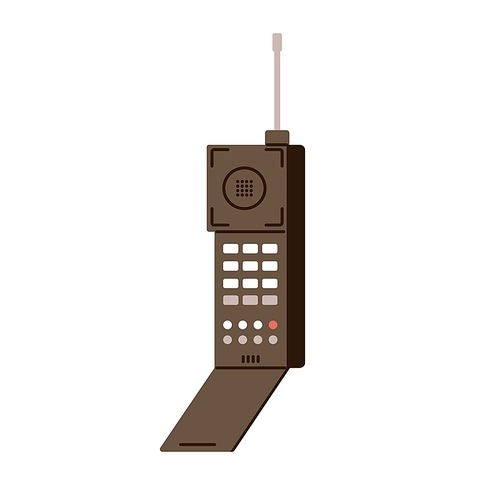 Old cellphone with antenna. Portable mobile telephone of 90s. Retro wireless cell phone model, first flip hand held device from history. Flat graphic vector illustration isolated on white .