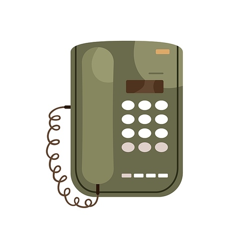 Retro touch tone, push button telephone with keypad. 90s phone with keys, headset receiver. History analog wired device model of 1990s. Flat vector illustration isolated on white .