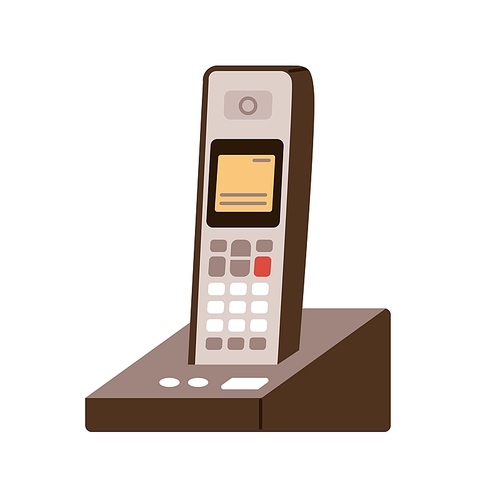 Portable cordless radio telephone with landline base station, charger. 90s phone with handset receiver with keypad. 1990s communication device. Flat vector illustration isolated on white .