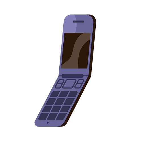 Flip mobile phone. Old model of binary cellphone. Outdated cell, cellular telephone of 2000, 2010. Thin handset, telecommunication device. Flat vector illustration isolated on white .