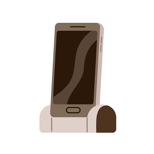 Mobile smart phone with touchscreen on charger base. First smartphone of 2010 type. Single-button cell device. 10s telephone gadget. Flat vector illustration isolated on white .