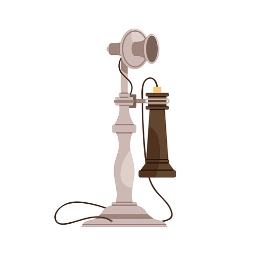 Vintage candlestick telephone, upright desk set, stand with hanging transmitter. Old stick phone of 1897. Obsolete communication device. Colored flat vector illustration isolated on white .