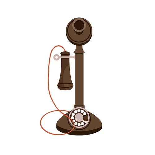 Vintage candlestick telephone, upright desk stand. Old candle stick phone with rotary dial of 1919. Manual telecommunication device. Colored flat vector illustration isolated on white .