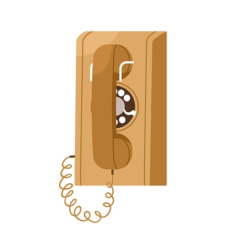 Retro wall-mounted telephone with rotary dial disk and hanging headset. Old phone model of 1956 type. 60s, 70s telecommunication device. Flat vector illustration isolated on white .