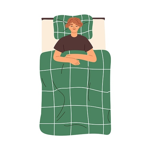 Person sleeping in bed with pillow and blanket. Man asleep alone, lying on back. Young smiling sleepy guy dreaming, relaxing, top view. Flat graphic vector illustration isolated on white .