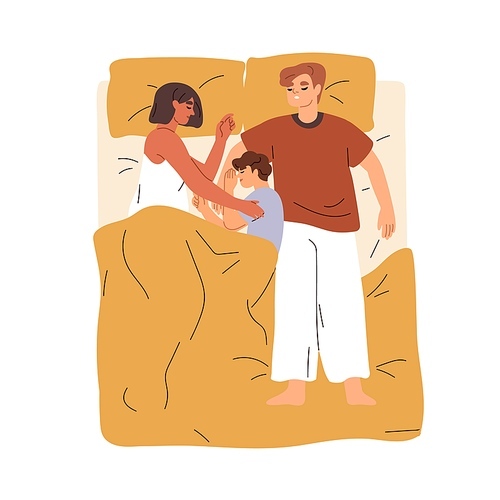 Family sleeping together. Sleepy parents and child dreaming, lying in bed, top view. Kid asleep in fetal position between mom and dad. Flat graphic vector illustration isolated on white .