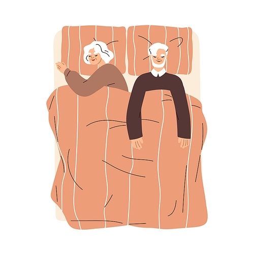 Old couple sleeping in bed together. Elderly people asleep under blanket. Senior man, woman, husband and wife lying, dreaming, top view. Flat graphic vector illustration isolated on white .