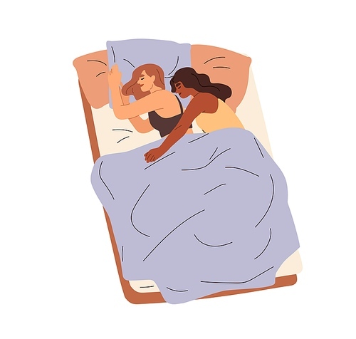 Girls love couple sleeping in bed together. Lesbian women lying, dreaming under blanket, hugging. Same sex people, girlfriends asleep. Flat graphic vector illustration isolated on white .