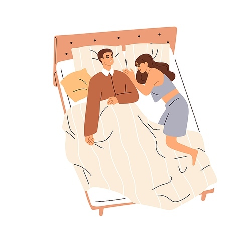 Love couple sleeping in bed together. Sleepy man and woman lying, dreaming on pillows under blanket. Wife and husband asleep at night. Flat graphic vector illustration isolated on white .