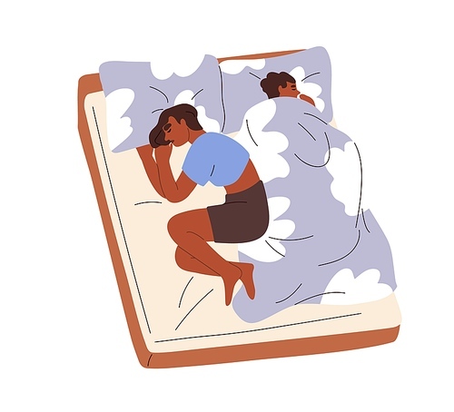 Family couple sleeping in bed together. Dreaming black man and woman lying backs to each other. People asleep, relaxing on pillows under blanket. Flat vector illustration isolated on white .