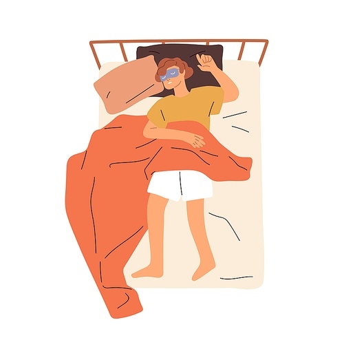 Child teenager asleep in sleeping mask in bed. Kid lying on back, napping. Sleepy teen dreaming, relaxing under blanket, top view. Flat graphic vector illustration isolated on white .