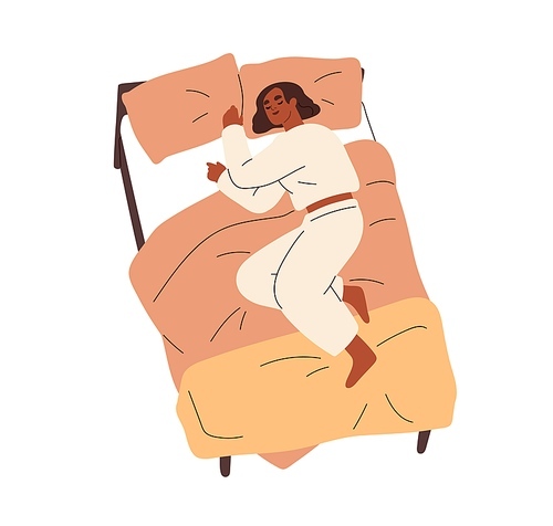 Sleeping black woman lying in bed, relaxing on pillow. African girl asleep alone. Happy person dreaming. Sleepy female in pajamas. Flat graphic vector illustration isolated on white .
