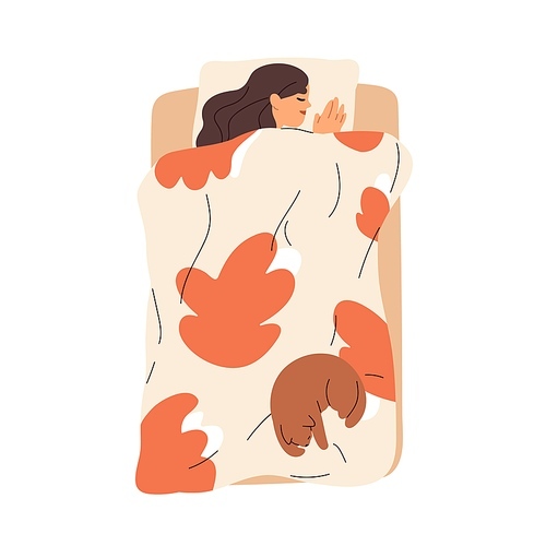 Woman sleeping in bed with cat on corner. Happy girl lying asleep alone, dreaming, relaxing under cozy blanket. Sleepy person, pet owner. Flat graphic vector illustration isolated on white .