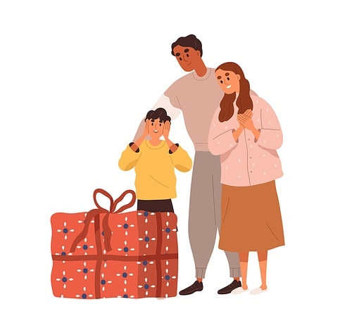 Family presenting gift. Parents giving birthday box to happy child. Mom, dad and boy kid with surprise. Mother, father and son on holiday. Flat vector illustration isolated on white .