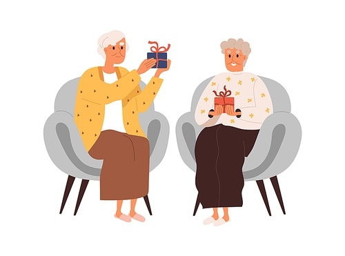 Elderly women exchanging holiday gifts. Female friends of senior age giving and receiving present boxes. Happy old ladies with surprises in hands. Flat vector illustration isolated on white .