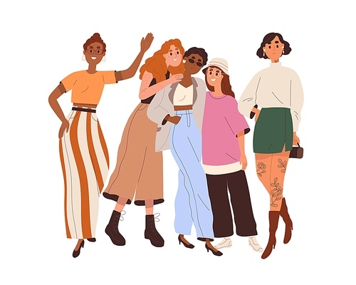 Diverse women portrait. Different girls community. Female friends standing together. Diversity, sisterhood, feminism concept. Girlfriends team. Flat vector illustration isolated on white .