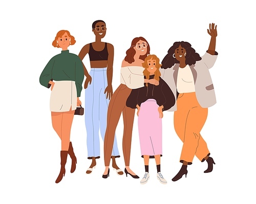 Diverse women portrait. Happy girls friends together. Woman group, community of different race, body, beauty. Sisterhood, solidarity concept. Flat vector illustration isolated on white .