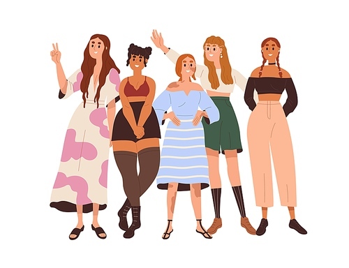 Group of happy diverse women. Different girls community, team portrait. Beauty diversity, sisterhood, inclusion concept. Modern feminists. Flat vector illustration isolated on white .