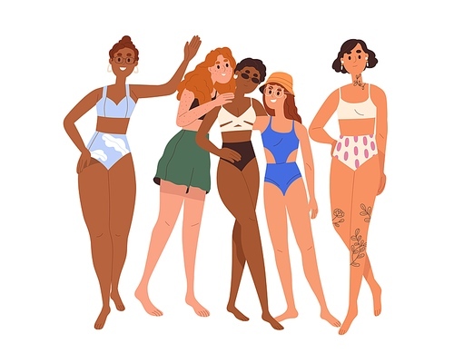 Diverse women in bikini. Different body-positive girls friends in swimsuits portrait. Diversity of beauty concept. Girlfriends standing together. Flat vector illustration isolated on white .