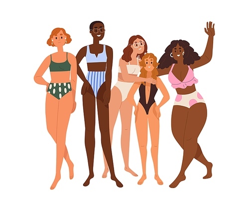 Happy diverse women in swimwear, bikini portrait. Girls group of different race, skin color, height, weight. Diversity, body positivity concept. Flat vector illustration isolated on white .