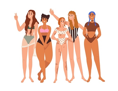 Diverse body-positive women group. Different happy girls in swimwear, bikini. Female friends portrait. Diversity, inclusion, acceptance concept. Flat vector illustration isolated on white .