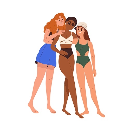Different women portrait. Happy girls in swimwear standing together, hugging. Female friends in bikini in summer. Diverse girlfriends team. Flat vector illustration isolated on white .