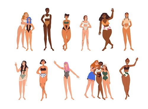 Diverse women set. Happy girls in bikini with different body types, shapes, figures, skin colors, races, weight and height. Females diversity. Flat vector illustrations isolated on white .