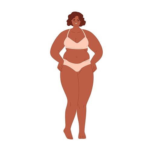 Sad unhappy woman with fat body. Plus-size female in underwear with obesity. Shy person with low self-esteem, dissatisfied with overweight. Flat vector illustration isolated on white .