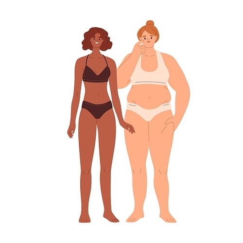 Women with different race, body type and shape, weight and figure. Happy thin slim female and sad person with obesity and belly in bikini. Flat vector illustration isolated on white .