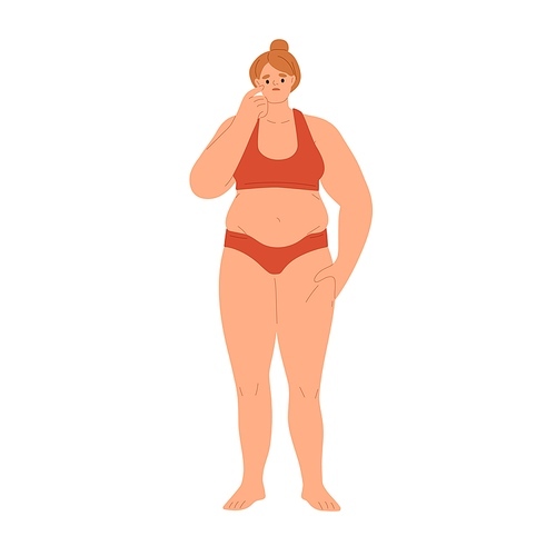 Sad woman with fat body. Plus-size person with obesity and low self-esteem. Unhappy chubby female in lingerie discontent with overweight. Flat vector illustration isolated on white .