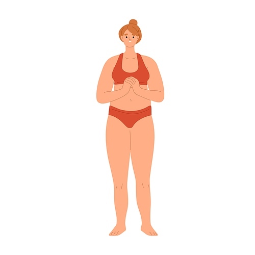 Sad woman in bikini with slightly fat chubby body. Chunky female in underwear with little bit overweight belly. Unhappy shy person in lingerie. Flat vector illustration isolated on white .