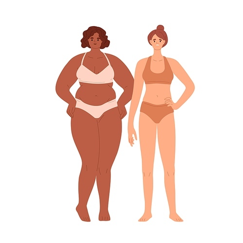 Happy woman with chubby body and sad slim female. People with different weight, figure, shape. Glad rotund vs unhappy slender person. Flat graphic vector illustration isolated on white .