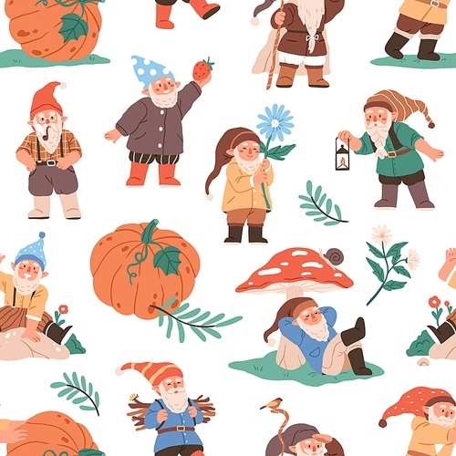 Gnomes, dwarfs pattern. Seamless fairytale background with cute happy garden elfs, pumpkins, mushrooms. Endless texture with repeating autumn . Childish colored flat graphic vector illustration.