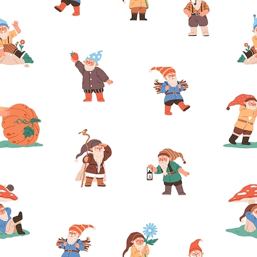 Garden gnomes, dwarfs pattern. Seamless background with cute happy elfs, fall pumpkins. Texture design with repeating fairytale . Childish colored flat graphic vector illustration for decoration.