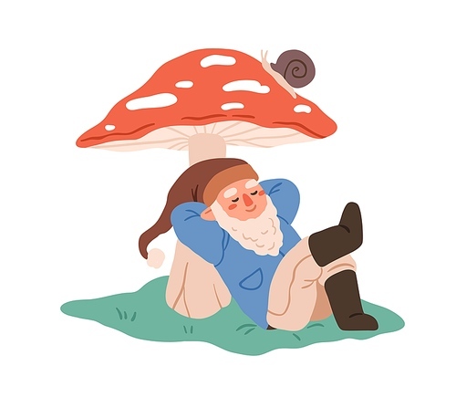 Cute gnome sleeping, lying under huge mushroom. Fairytale dwarf relaxing near fly-agaric. Childish fairy bearded character resting, dreaming. Flat vector illustration isolated on white .