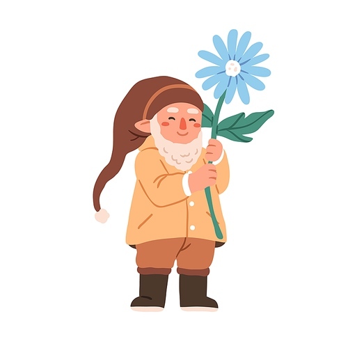 Cute garden gnome with flower. Smiling bearded dwarf in cap holding floral plant in hand. Happy fairytale character. Childish fairy flat vector illustration isolated on white .