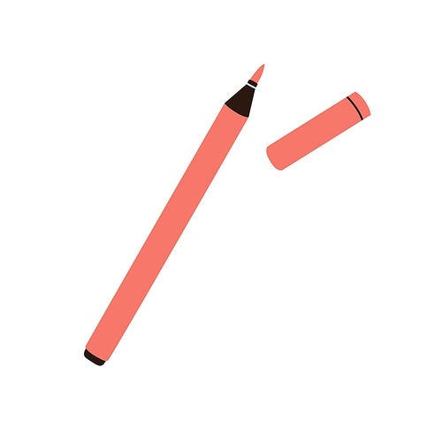 Open felt-tip pen. Fine liner and cap. Coloured ink flow marker. Sharp tool, supplies for drawing, painting, calligraphy art. Flat vector illustration isolated on white .