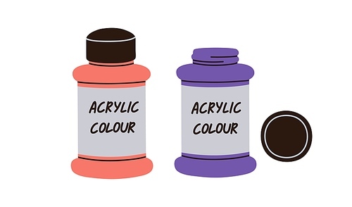 Acrylic paints in bottles. Colour, dye jar for drawing. Colors, pigments packages, containers for painting art. Flat vector illustration isolated on white .