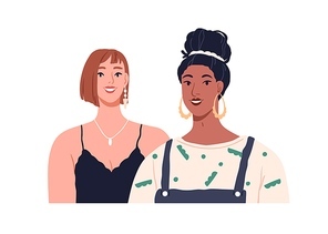 Young happy women couple portrait. Modern female friends smiling. Two beautiful girls of different race. Positive trendy pretty girlfriends. Flat vector illustration isolated on white .