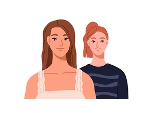 Young women love couple portrait. Modern girls friends smiling. Two pretty females sisters. Happy positive lesbian girlfriends together. Flat vector illustration isolated on white .