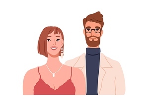 Happy man and woman, face portrait. Love couple of male and female smiling. Husband and wife together. Two romantic cheerful people. Flat graphic vector illustration isolated on white .