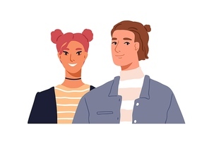 Young man and woman portrait. Love romantic couple of modern trendy people. Two happy smiling male and female characters, girl and guy friends. Flat vector illustration isolated on white .